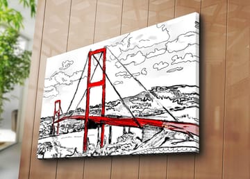 Lerretsbilde 70x100 cm - Stilisert bilde av en rød hengebro med omkringliggende landskap i svart-hvitt - Rød / Svart - Interiør - Maleri & posters - Lerretsbilder