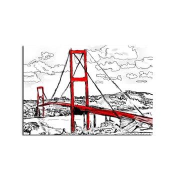 Lerretsbilde 70x100 cm - Stilisert bilde av en rød hengebro med omkringliggende landskap i svart-hvitt - Rød / Svart - Interiør - Maleri & posters - Lerretsbilder