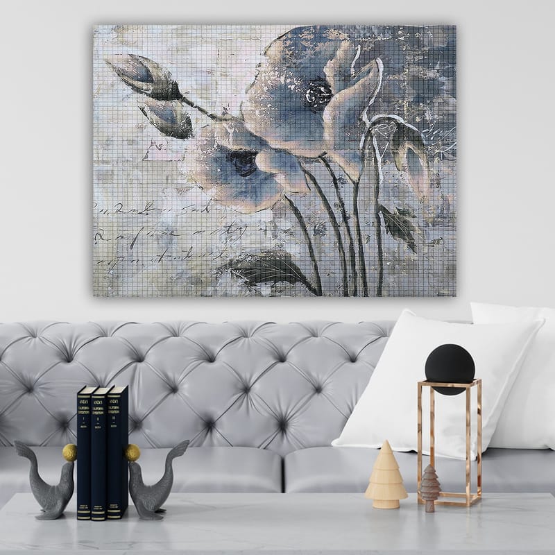 Lerretsbilde 70x100 cm - Stilisert blomst i dempede blå og grå toner - Blå / Grå - Interiør - Maleri & posters - Lerretsbilder