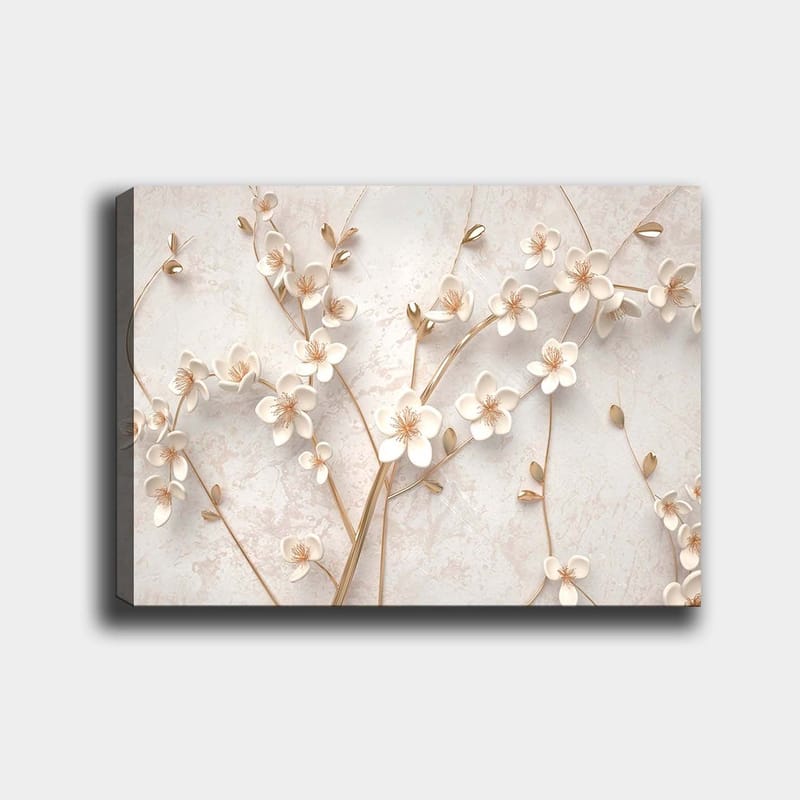 Lerretsbilde 70x100 cm - Stilisert blomsterdesign med hvite blomster og gulldetaljer, Hvit / Gull