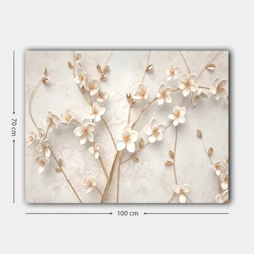 Lerretsbilde 70x100 cm - Stilisert blomsterdesign med hvite blomster og gulldetaljer - Hvit / Gull - Interiør - Maleri & posters - Lerretsbilder