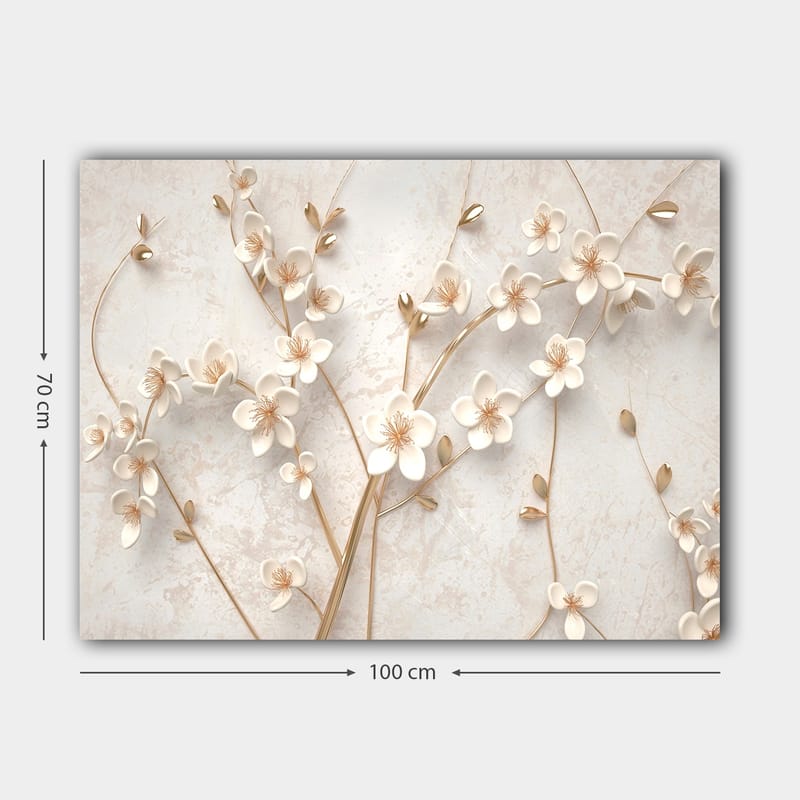Lerretsbilde 70x100 cm - Stilisert blomsterdesign med hvite blomster og gulldetaljer - Hvit / Gull - Interiør - Maleri & posters - Lerretsbilder