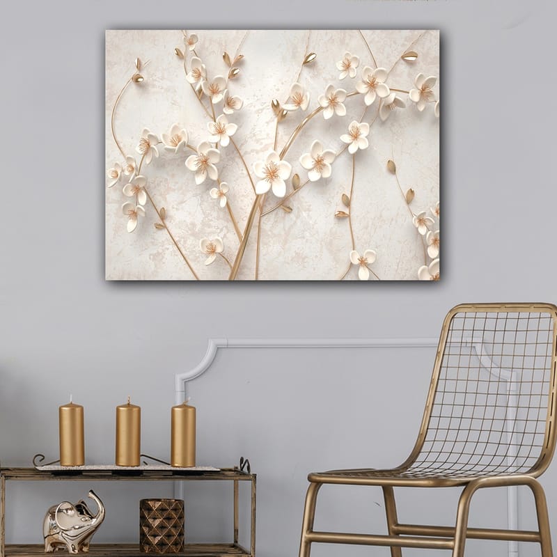 Lerretsbilde 70x100 cm - Stilisert blomsterdesign med hvite blomster og gulldetaljer - Hvit / Gull - Interiør - Maleri & posters - Lerretsbilder