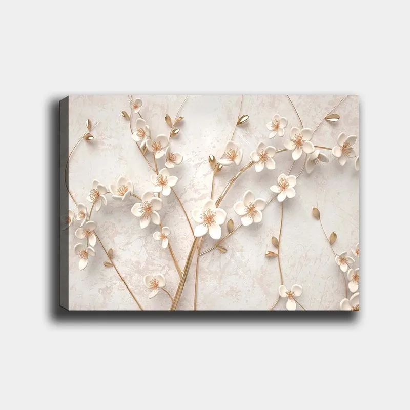 Lerretsbilde 70x100 cm - Stilisert blomsterdesign med hvite blomster og gulldetaljer, Hvit / Gull