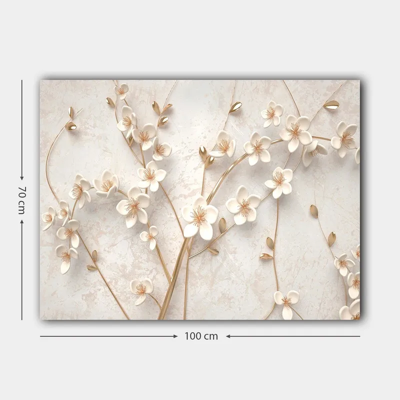 Lerretsbilde 70x100 cm - Stilisert blomsterdesign med hvite blomster og gulldetaljer - Hvit / Gull - Interiør - Maleri & posters - Lerretsbilder