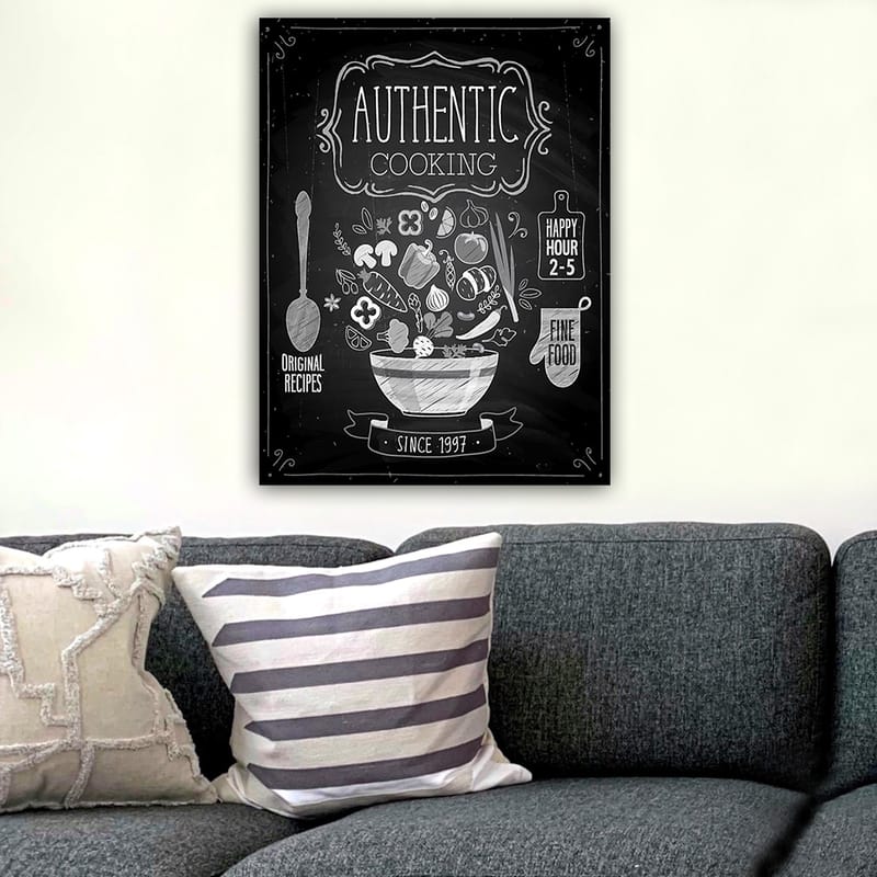 Lerretsbilde 70x100 cm - Stilisert bolle med forskjellige grønnsaker og ingredienser som symboliserer autentisk matlaging - Hvit / Svart / Grå - Interiør - Maleri & posters - Lerretsbilder