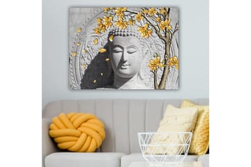 Lerretsbilde 70x100 cm - Stilisert Buddha med blomstrende grener i gult - Grå / Hvit / Gul - Interiør - Maleri & posters - Lerretsbilder