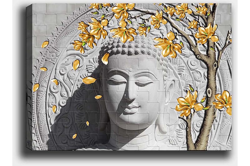 Lerretsbilde 70x100 cm - Stilisert Buddha med blomstrende grener i gult - Grå / Hvit / Gul - Interiør - Maleri & posters - Lerretsbilder