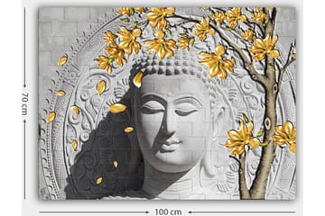 Lerretsbilde 70x100 cm - Stilisert Buddha med blomstrende grener i gult - Grå / Hvit / Gul - Interiør - Maleri & posters - Lerretsbilder