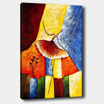 Lerretsbilde 70x100 cm - Stilisert dansende kvinne med rødt skjørt mot en fargerik bakgrunn - Rød / Gul / Blå - Interiør - Maleri & posters - Lerretsbilder