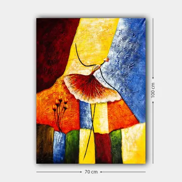 Lerretsbilde 70x100 cm - Stilisert dansende kvinne med rødt skjørt mot en fargerik bakgrunn - Rød / Gul / Blå - Interiør - Maleri & posters - Lerretsbilder