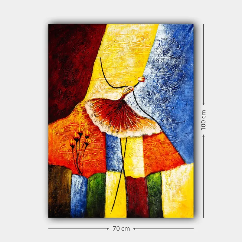 Lerretsbilde 70x100 cm - Stilisert dansende kvinne med rødt skjørt mot en fargerik bakgrunn - Rød / Gul / Blå - Interiør - Maleri & posters - Lerretsbilder