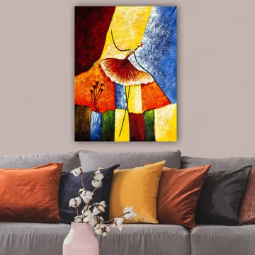 Lerretsbilde 70x100 cm - Stilisert dansende kvinne med rødt skjørt mot en fargerik bakgrunn - Rød / Gul / Blå - Interiør - Maleri & posters - Lerretsbilder