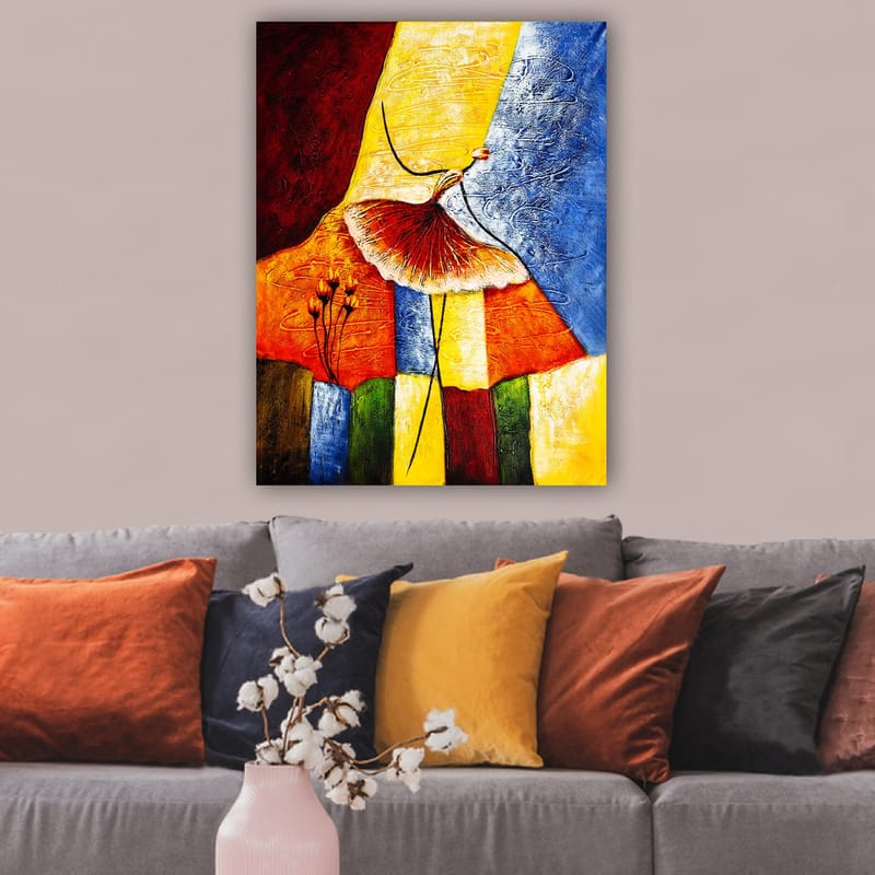 Lerretsbilde 70x100 cm - Stilisert dansende kvinne med rødt skjørt mot en fargerik bakgrunn - Rød / Gul / Blå - Interiør - Maleri & posters - Lerretsbilder