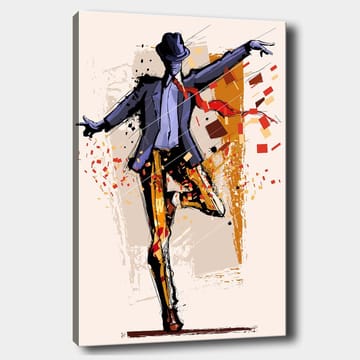 Lerretsbilde 70x100 cm - Stilisert danser i kostyme med hatt som uttrykker bevegelse og energi - Mørk blå / Oransje / Rød - Interiør - Maleri & posters - Lerretsbilder