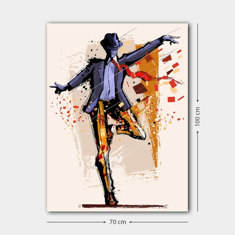 Lerretsbilde 70x100 cm - Stilisert danser i kostyme med hatt som uttrykker bevegelse og energi - Mørk blå / Oransje / Rød - Interiør - Maleri & posters - Lerretsbilder