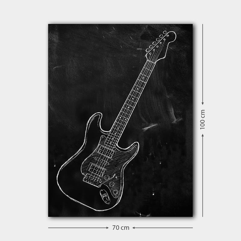 Lerretsbilde 70x100 cm - Stilisert elektrisk gitar tegnet med kritt på svart bakgrunn - Svart / Hvit - Interiør - Maleri & posters - Lerretsbilder