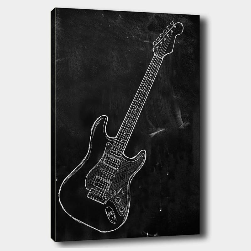 Lerretsbilde 70x100 cm - Stilisert elektrisk gitar tegnet med kritt på svart bakgrunn, Svart / Hvit