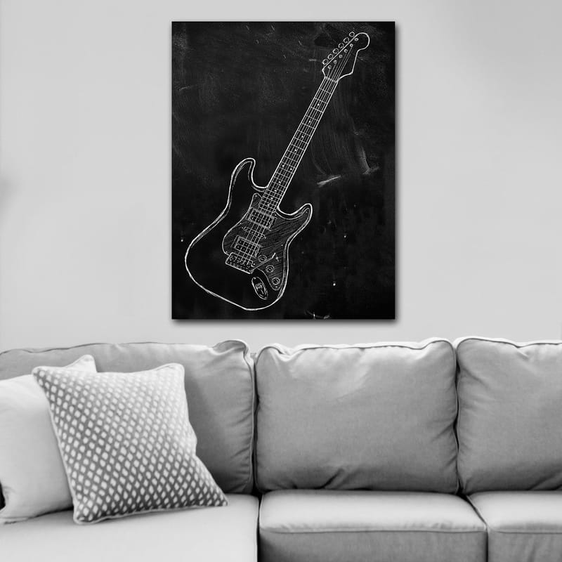Lerretsbilde 70x100 cm - Stilisert elektrisk gitar tegnet med kritt på svart bakgrunn - Svart / Hvit - Interiør - Maleri & posters - Lerretsbilder