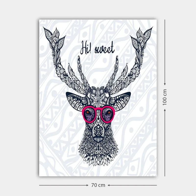 Lerretsbilde 70x100 cm - Stilisert elg med briller og dekorative detaljer - Mørk blå / Rosa - Interiør - Maleri & posters - Lerretsbilder