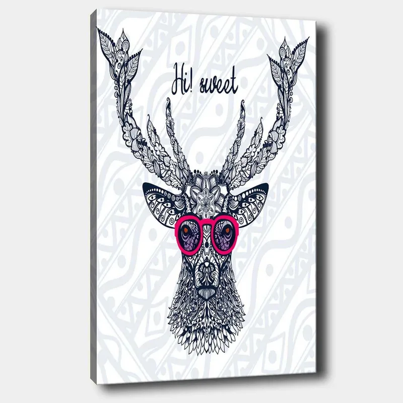 Lerretsbilde 70x100 cm - Stilisert elg med briller og dekorative detaljer - Mørk blå / Rosa - Interiør - Maleri & posters - Lerretsbilder