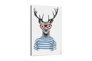 Lerretsbilde 70x100 cm - Stilisert elg med briller og stripete genser - Svart / Rød / Blå - Interiør - Maleri & posters - Lerretsbilder