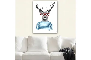 Lerretsbilde 70x100 cm - Stilisert elg med briller og stripete genser - Svart / Rød / Blå - Interiør - Maleri & posters - Lerretsbilder