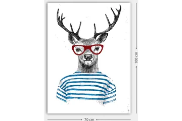 Lerretsbilde 70x100 cm - Stilisert elg med briller og stripete genser - Svart / Rød / Blå - Interiør - Maleri & posters - Lerretsbilder