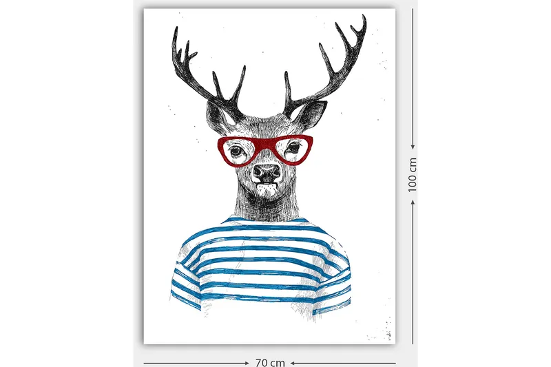 Lerretsbilde 70x100 cm - Stilisert elg med briller og stripete genser - Svart / Rød / Blå - Interiør - Maleri & posters - Lerretsbilder