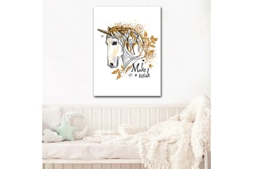 Lerretsbilde 70x100 cm - Stilisert enhjørning med glitrende detaljer og teksten Make a wish - Hvit / Gull / Svart - Interiør - Maleri & posters - Lerretsbilder
