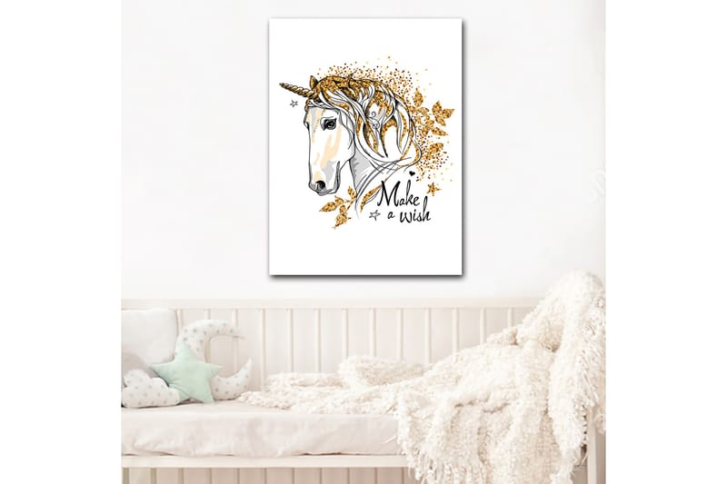 Lerretsbilde 70x100 cm - Stilisert enhjørning med glitrende detaljer og teksten Make a wish - Hvit / Gull / Svart - Interiør - Maleri & posters - Lerretsbilder