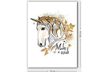 Lerretsbilde 70x100 cm - Stilisert enhjørning med glitrende detaljer og teksten Make a wish - Hvit / Gull / Svart - Interiør - Maleri & posters - Lerretsbilder