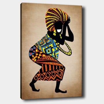 Lerretsbilde 70x100 cm - Stilisert figur med fargerike mønstre som danser med et stort hodeplagg - Svart / Rød / Blå - Interiør - Maleri & posters - Lerretsbilder