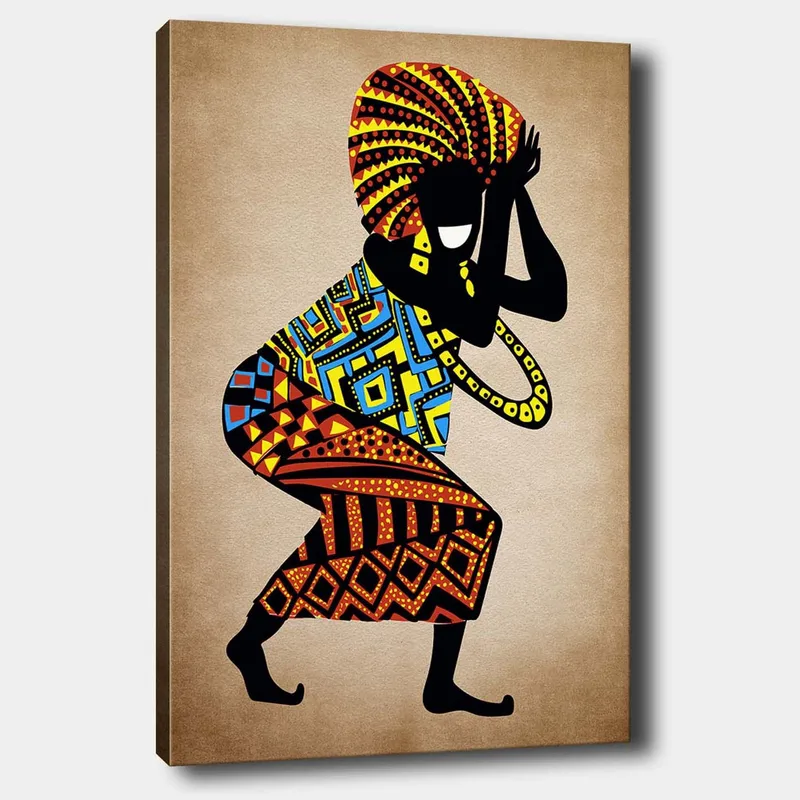 Lerretsbilde 70x100 cm - Stilisert figur med fargerike mønstre som danser med et stort hodeplagg, Svart / Rød / Blå