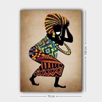 Lerretsbilde 70x100 cm - Stilisert figur med fargerike mønstre som danser med et stort hodeplagg - Svart / Rød / Blå - Interiør - Maleri & posters - Lerretsbilder