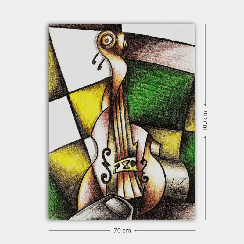 Lerretsbilde 70x100 cm - Stilisert fiolin i en fargerik komposisjon - Grønn / Gul / Brun - Interiør - Maleri & posters - Lerretsbilder