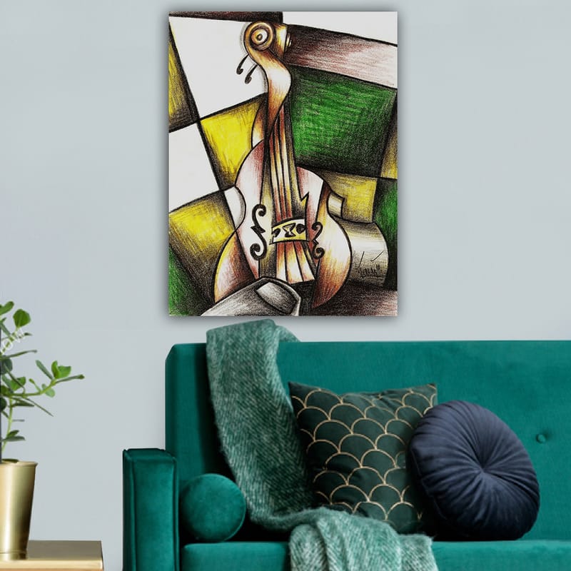 Lerretsbilde 70x100 cm - Stilisert fiolin i en fargerik komposisjon - Grønn / Gul / Brun - Interiør - Maleri & posters - Lerretsbilder