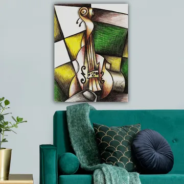 Lerretsbilde 70x100 cm - Stilisert fiolin i en fargerik komposisjon - Grønn / Gul / Brun - Interiør - Maleri & posters - Lerretsbilder