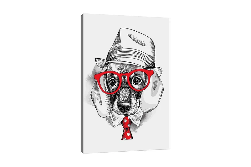 Lerretsbilde 70x100 cm - Stilisert hund i en kledd hatt og briller, med et rødt slips med hvite prikker, Rød / Svart / Hvit