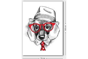 Lerretsbilde 70x100 cm - Stilisert hund i en kledd hatt og briller, med et rødt slips med hvite prikker - Rød / Svart / Hvit - Interiør - Maleri & posters - Lerretsbilder