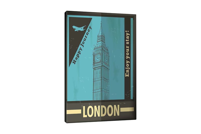 Lerretsbilde 70x100 cm - Stilisert illustrasjon av Big Ben med et retro reiseinspirert design, Turkis / Svart / Gull