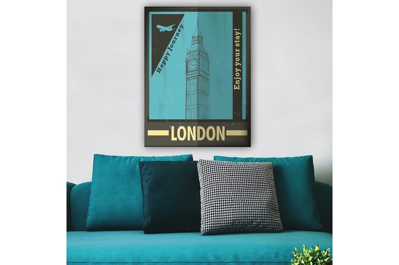 Lerretsbilde 70x100 cm - Stilisert illustrasjon av Big Ben med et retro reiseinspirert design - Turkis / Svart / Gull - Interiør - Maleri & posters - Lerretsbilder