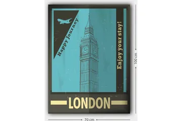 Lerretsbilde 70x100 cm - Stilisert illustrasjon av Big Ben med et retro reiseinspirert design - Turkis / Svart / Gull - Interiør - Maleri & posters - Lerretsbilder