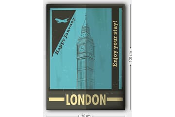 Lerretsbilde 70x100 cm - Stilisert illustrasjon av Big Ben med et retro reiseinspirert design - Turkis / Svart / Gull - Interiør - Maleri & posters - Lerretsbilder