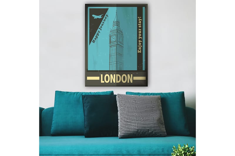 Lerretsbilde 70x100 cm - Stilisert illustrasjon av Big Ben med et retro reiseinspirert design - Turkis / Svart / Gull - Interiør - Maleri & posters - Lerretsbilder