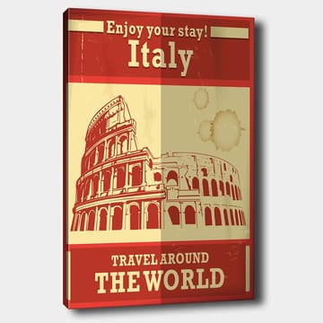 Lerretsbilde 70x100 cm - Stilisert illustrasjon av Colosseum i Roma med en rød og beige fargepalett - Rød / Beige - Interiør - Maleri & posters - Lerretsbilder