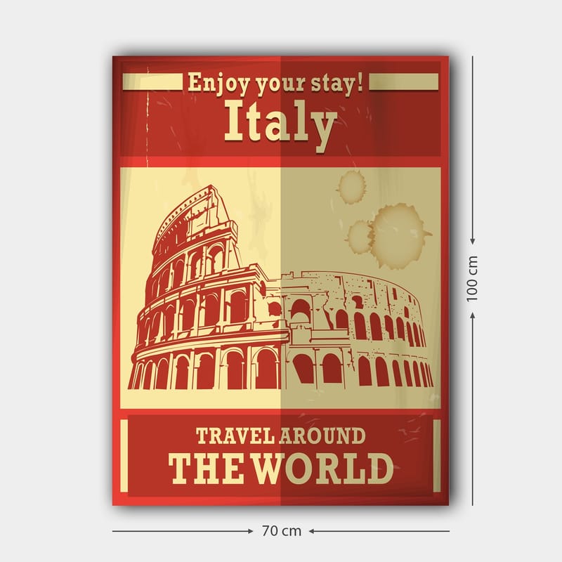 Lerretsbilde 70x100 cm - Stilisert illustrasjon av Colosseum i Roma med en rød og beige fargepalett - Rød / Beige - Interiør - Maleri & posters - Lerretsbilder
