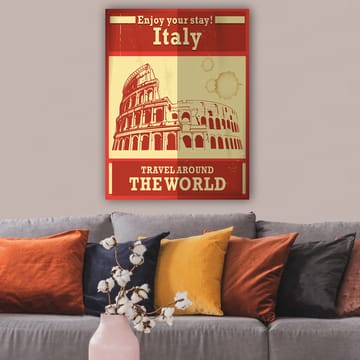 Lerretsbilde 70x100 cm - Stilisert illustrasjon av Colosseum i Roma med en rød og beige fargepalett - Rød / Beige - Interiør - Maleri & posters - Lerretsbilder