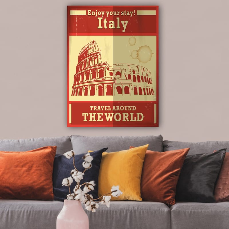 Lerretsbilde 70x100 cm - Stilisert illustrasjon av Colosseum i Roma med en rød og beige fargepalett - Rød / Beige - Interiør - Maleri & posters - Lerretsbilder