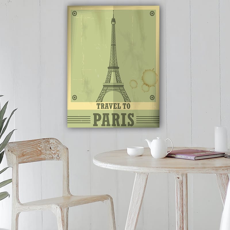 Lerretsbilde 70x100 cm - Stilisert illustrasjon av Eiffeltårnet med et vintage-preg - Grønn / Beige - Interiør - Maleri & posters - Lerretsbilder